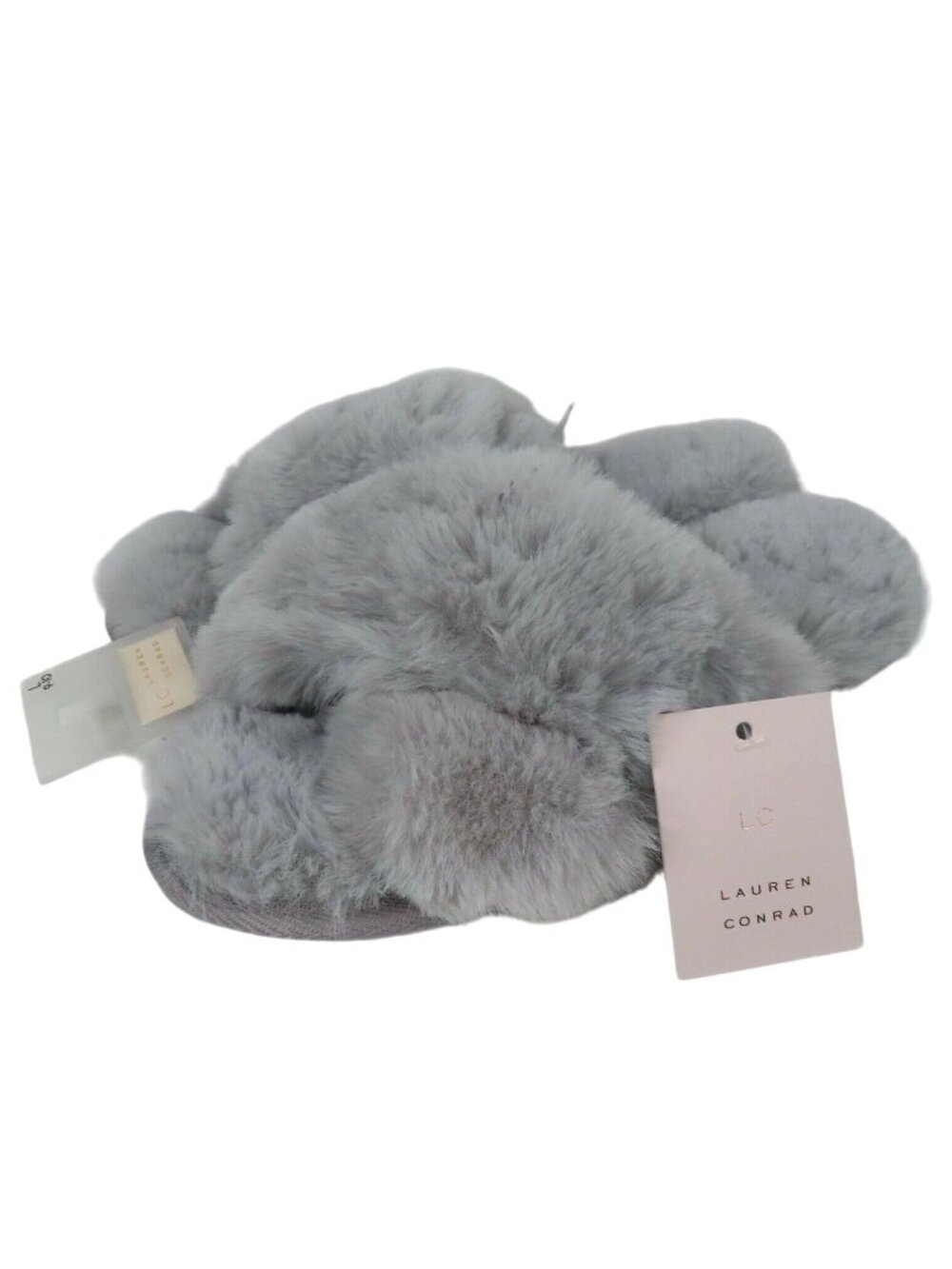 LC Lauren Conrad Womens Large 9-10 Light Grey Gray Fuzzy Furry Slippers NEW